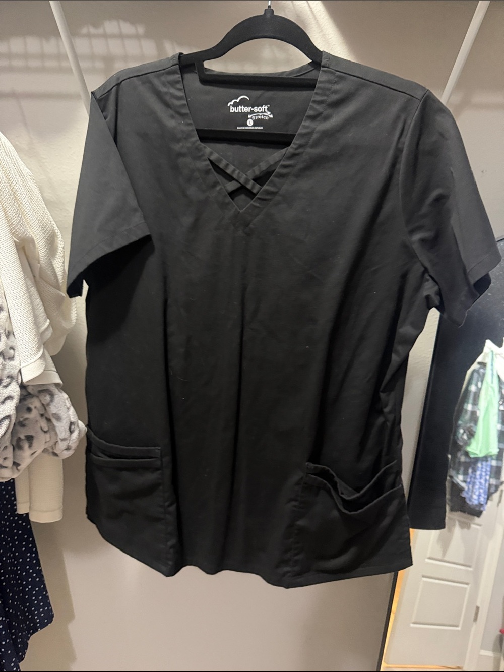 Butter Women's Black V-Neck Scrub Top with Cross Detail